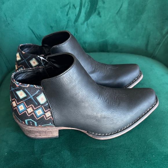 Roper Black Ankle Boots with Colorful Patterned Heel - Picture 2 of 7